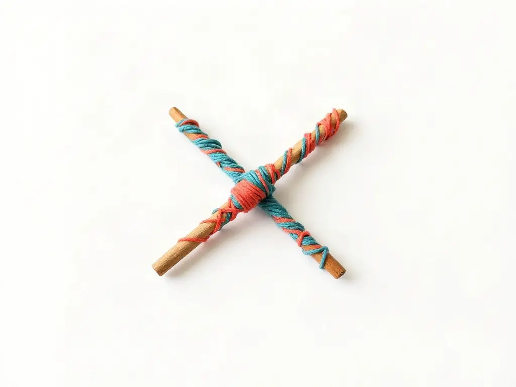 A yarn god's eye craft wrapped around two sticks