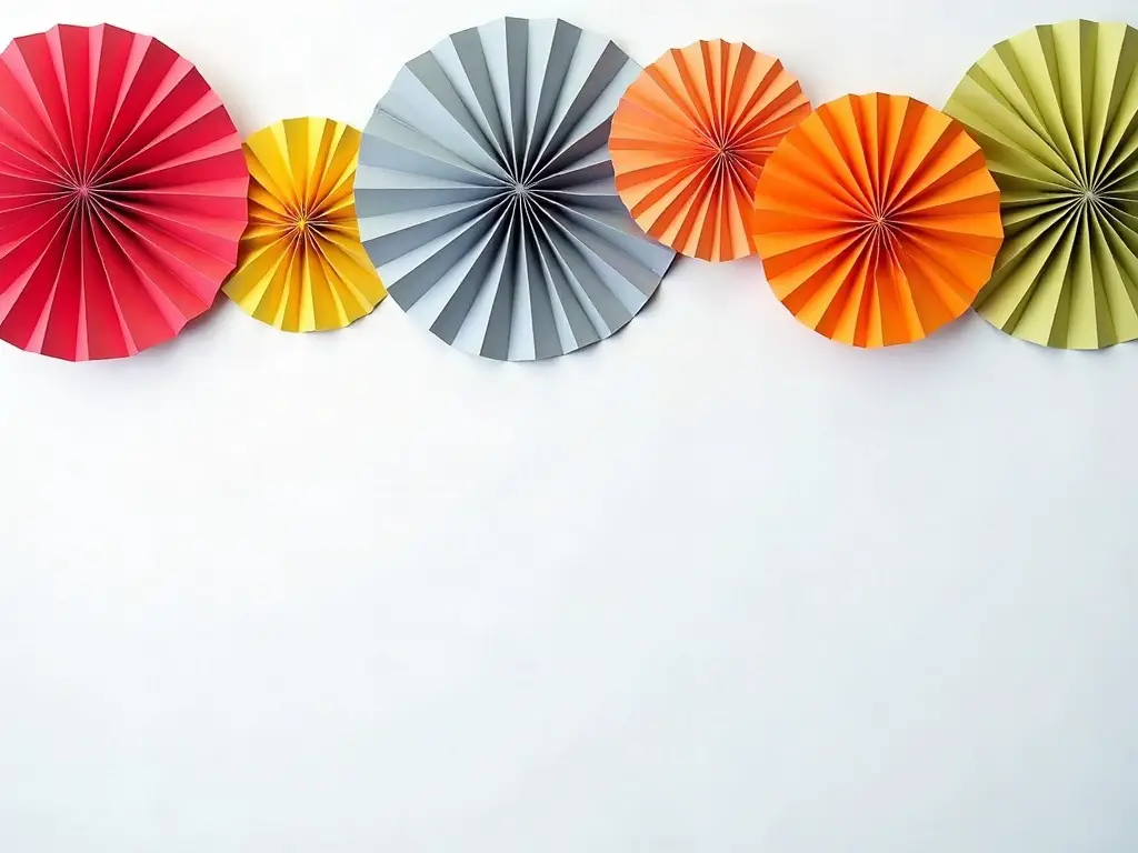 Colorful folded paper fans laid out in a row