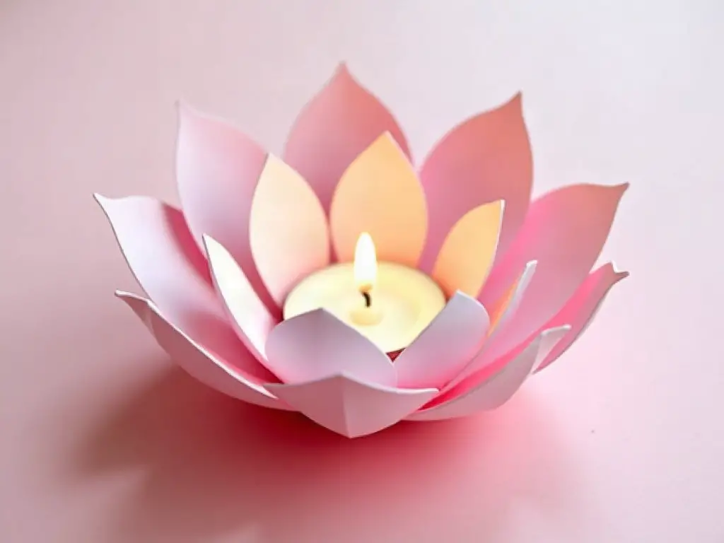 Layered paper lotus petals around an LED tea light