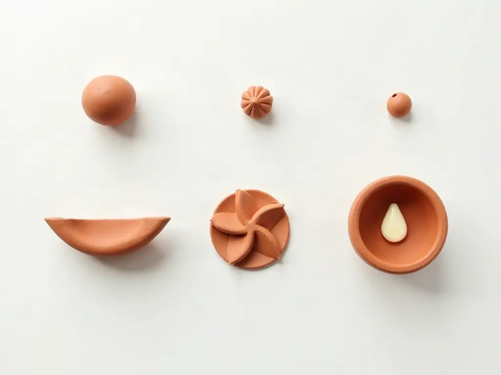 Clay diya shown in three steps from ball to painted lamp