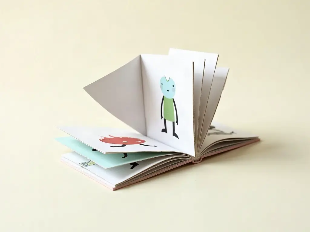 Finished exquisite corpse flap book showing a mismatched cartoon figure