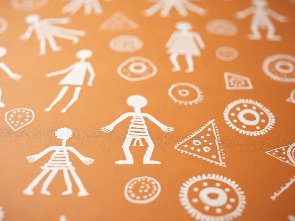 Warli-style white geometric figures on a terracotta-colored background