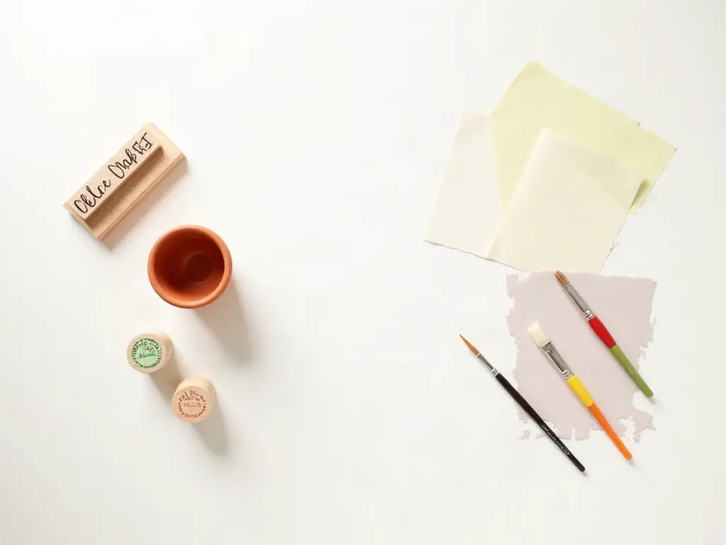 Flat-lay of terracotta pot, wooden block, colored paper and brushes