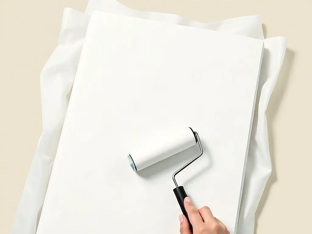 Rolling clear sealer onto a cotton tablecloth to make a wipeable floor mat