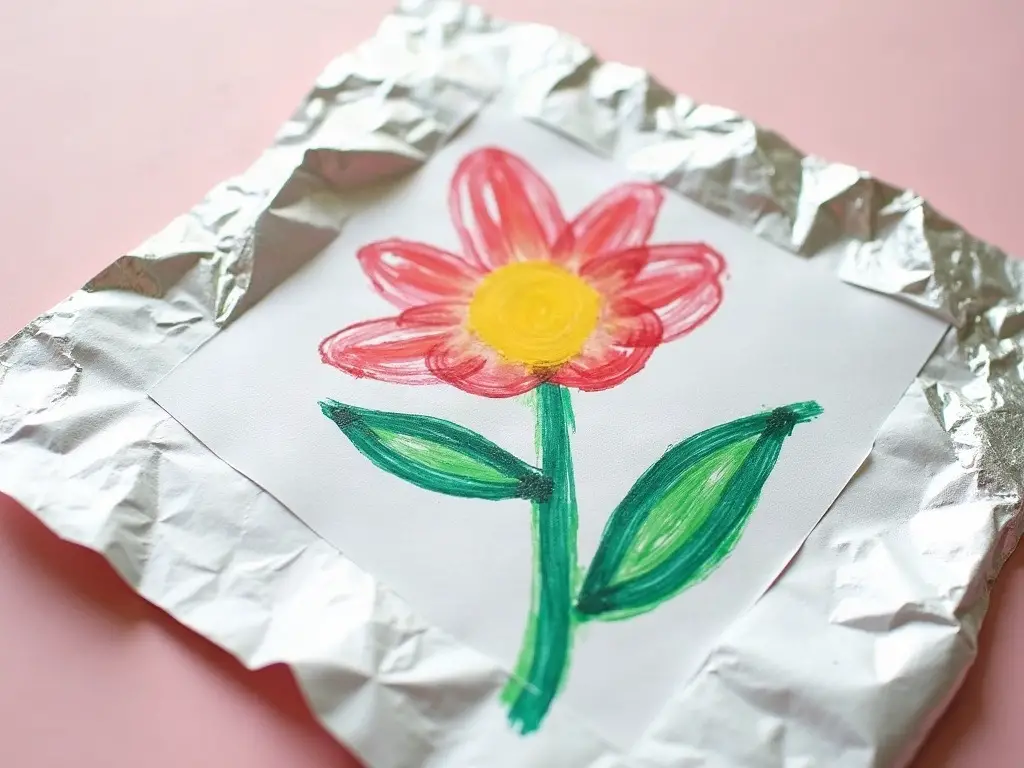 Foil-covered cardboard with a traced flower design partly painted in bright colors