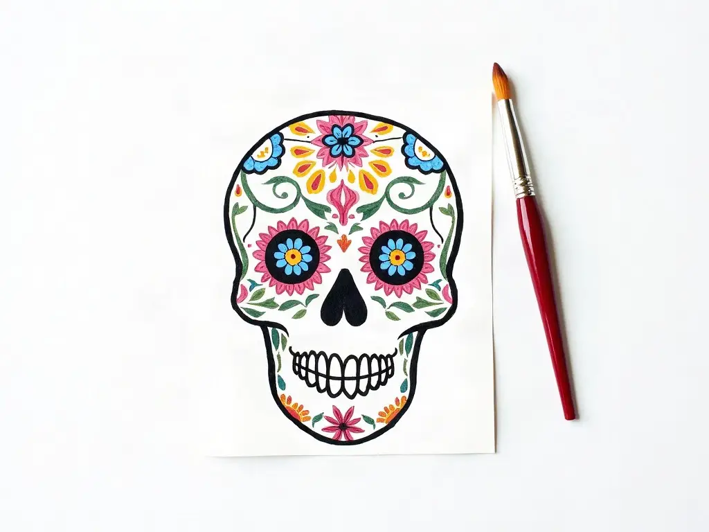 Sugar skull drawing partly painted with watercolor flowers