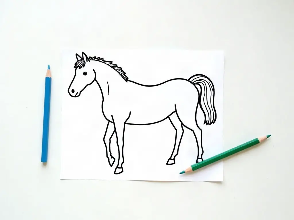 Finished horse coloring page next to colored pencils
