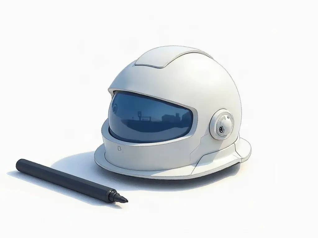 Illustration of a white sci-fi helmet next to a black marker