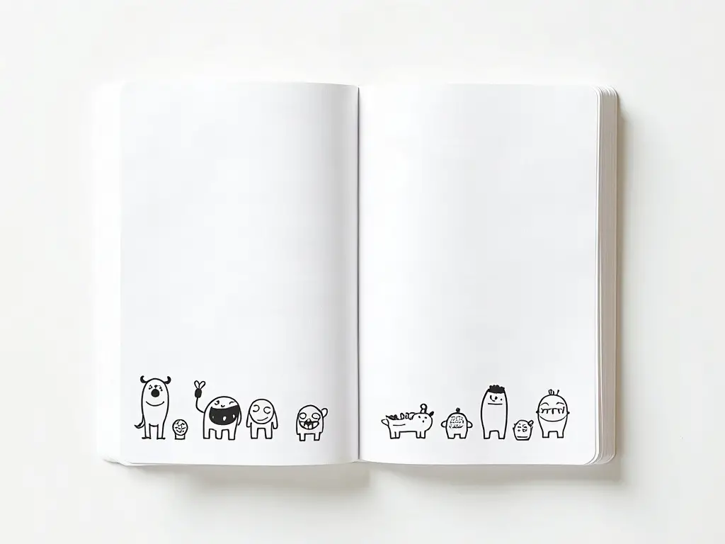 Page of simple pen doodles of monsters and animals