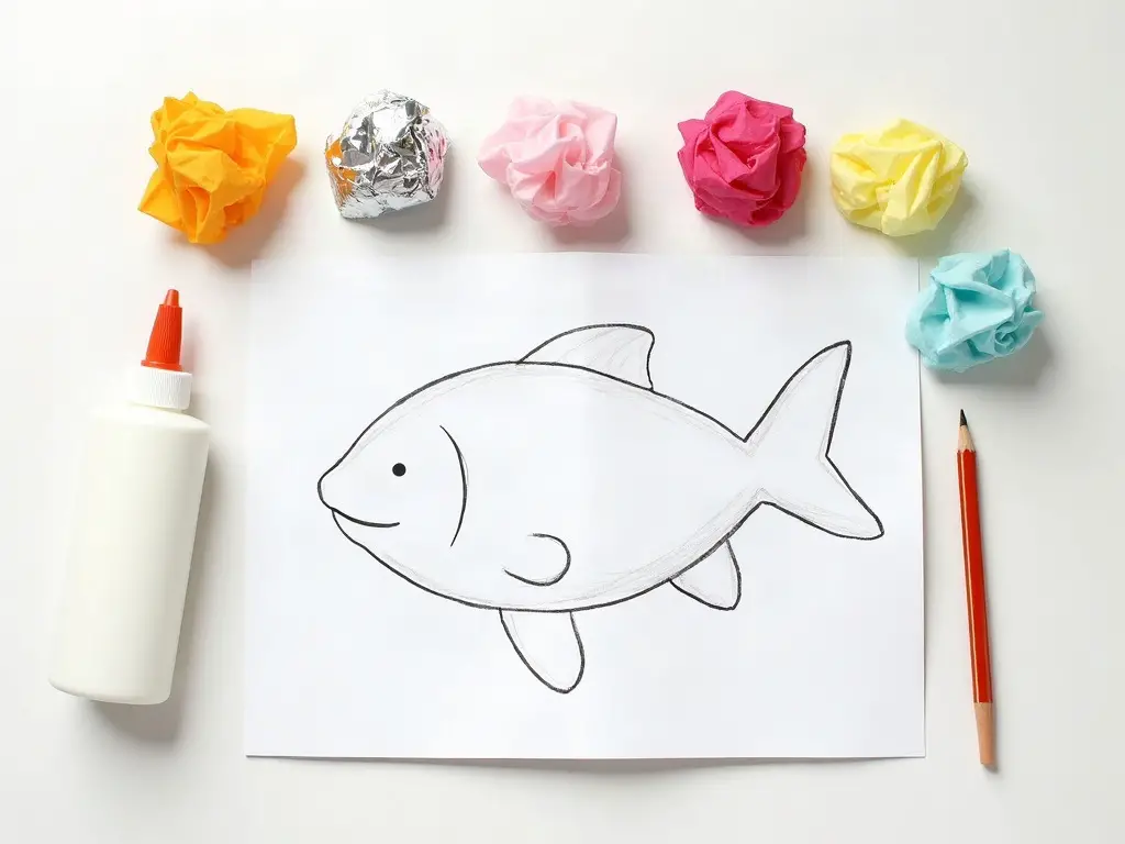 Crumpled tissue paper and foil balls ready to glue onto a fish outline