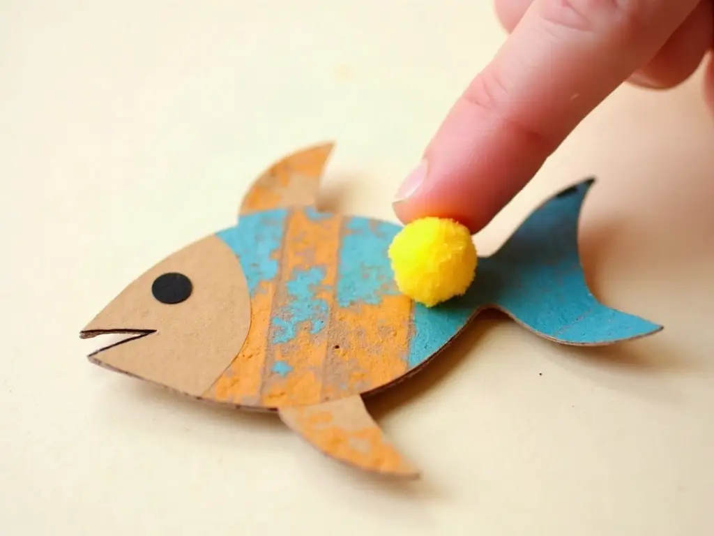 Pressing a tissue paper ball into glue on a cardboard fish