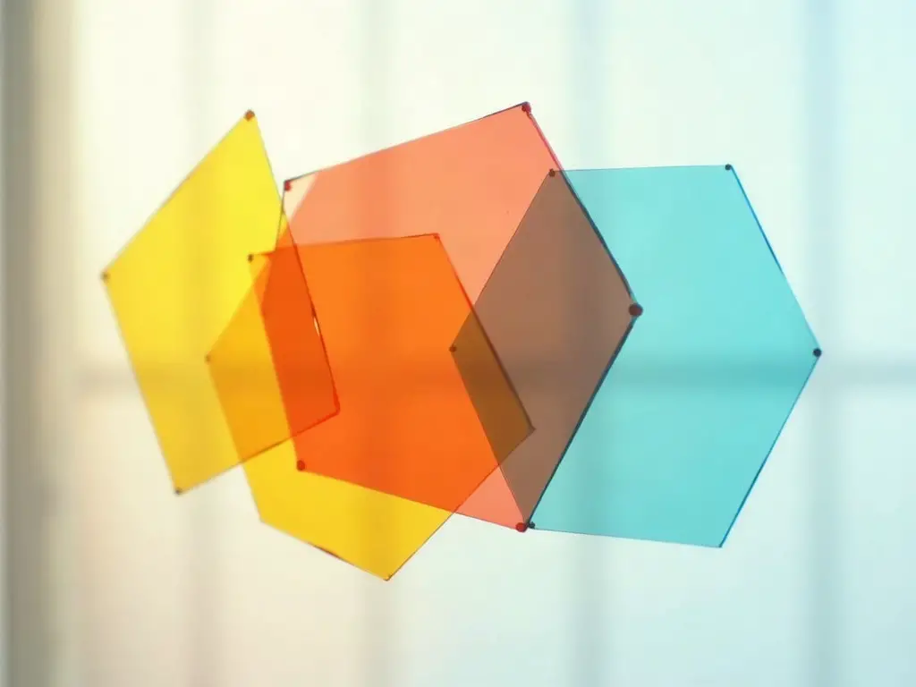 Layered colored transparency shapes on a window pane