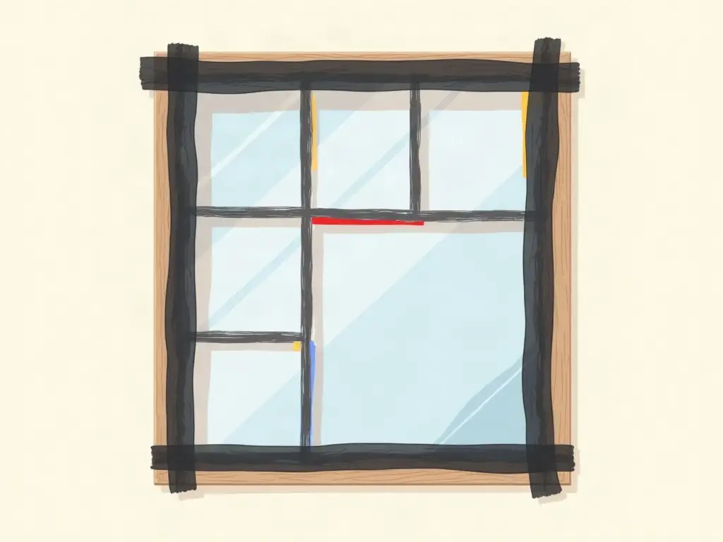 Window pane taped into rectangles and partly painted