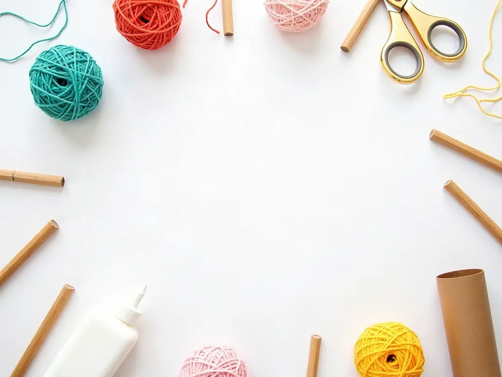 Flat-lay of basic yarn craft supplies for kids