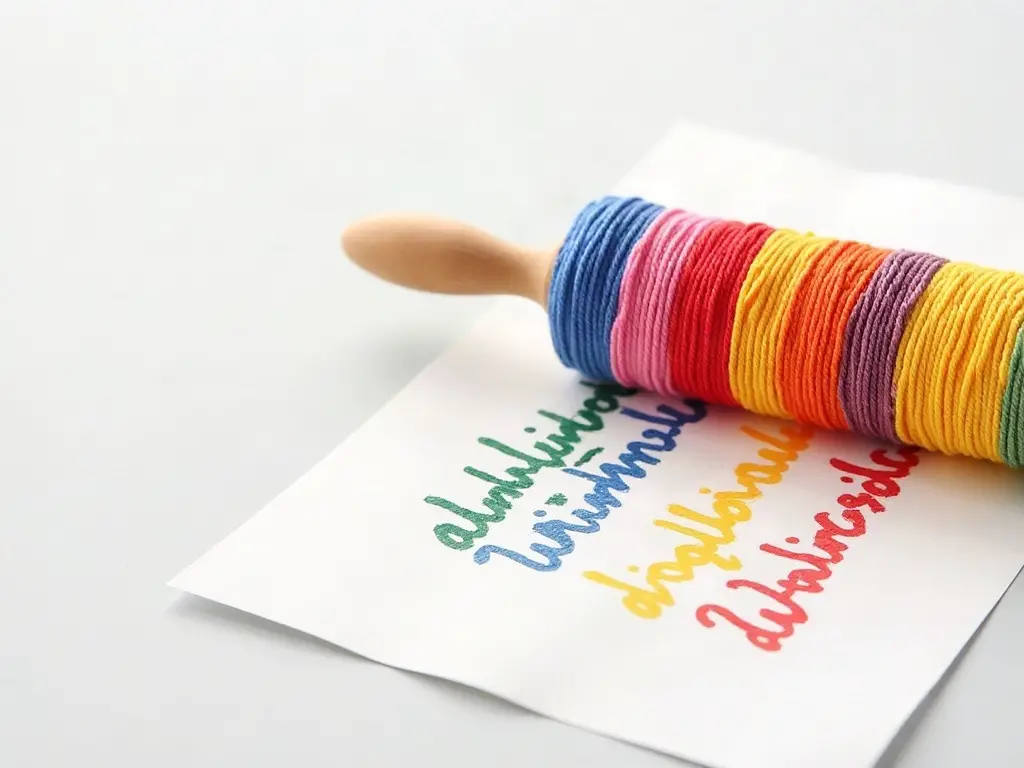 Rolling pin wrapped in yarn beside a paper with striped paint prints